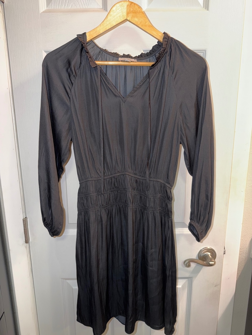 LOFT Black Ruffle Smocked Waist Long Sleeve Mini Dress Size S